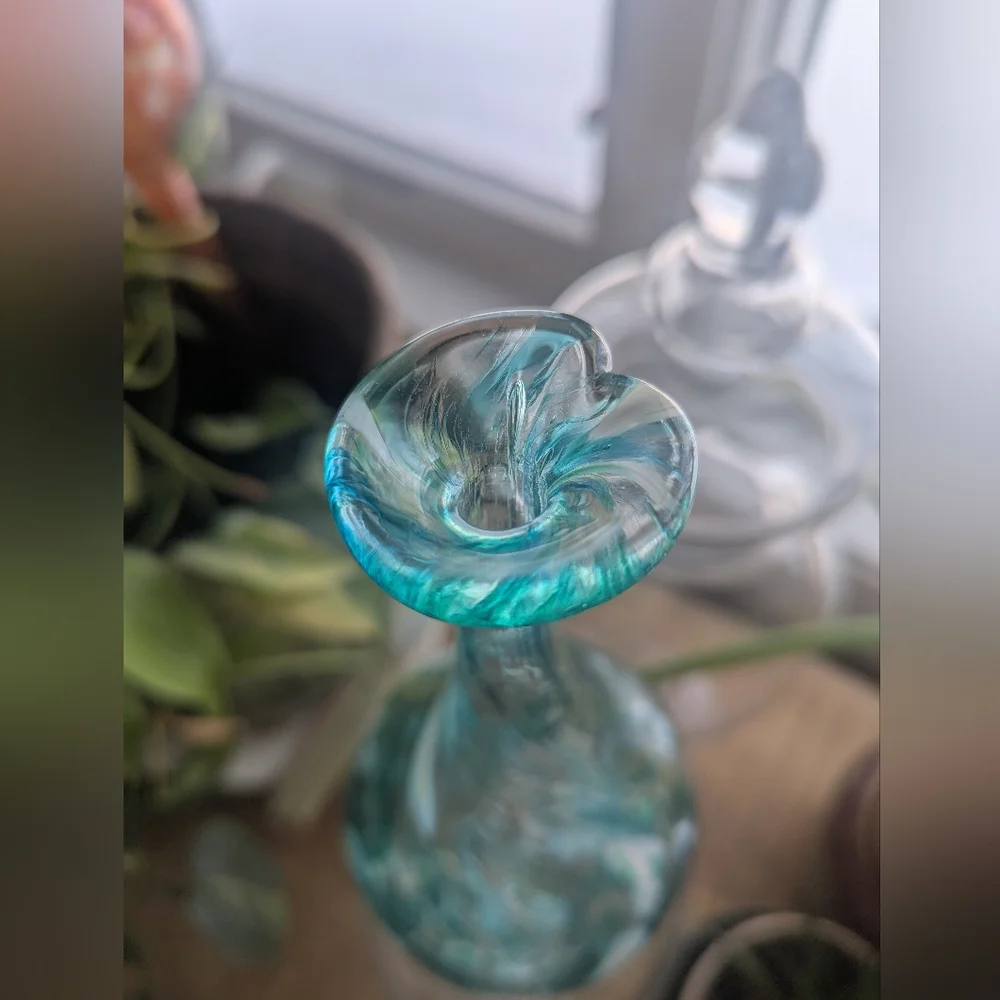 LC ROFF Vase Hand Blown Glass Teardrop Signed Swirls 9” Tall Aqua